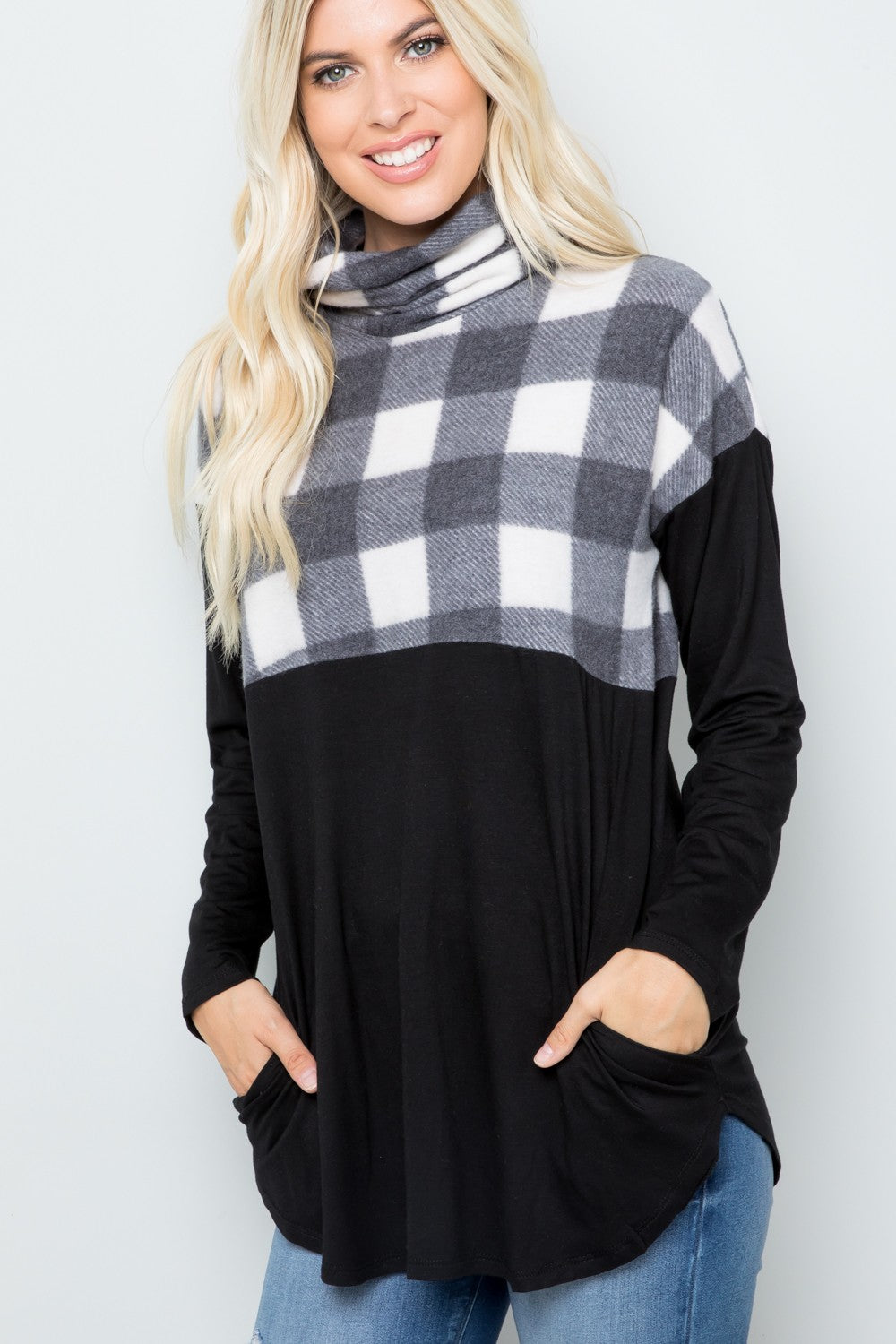 Celeste Full Size Pocketed Plaid Turtleneck Long Sleeve Blouse