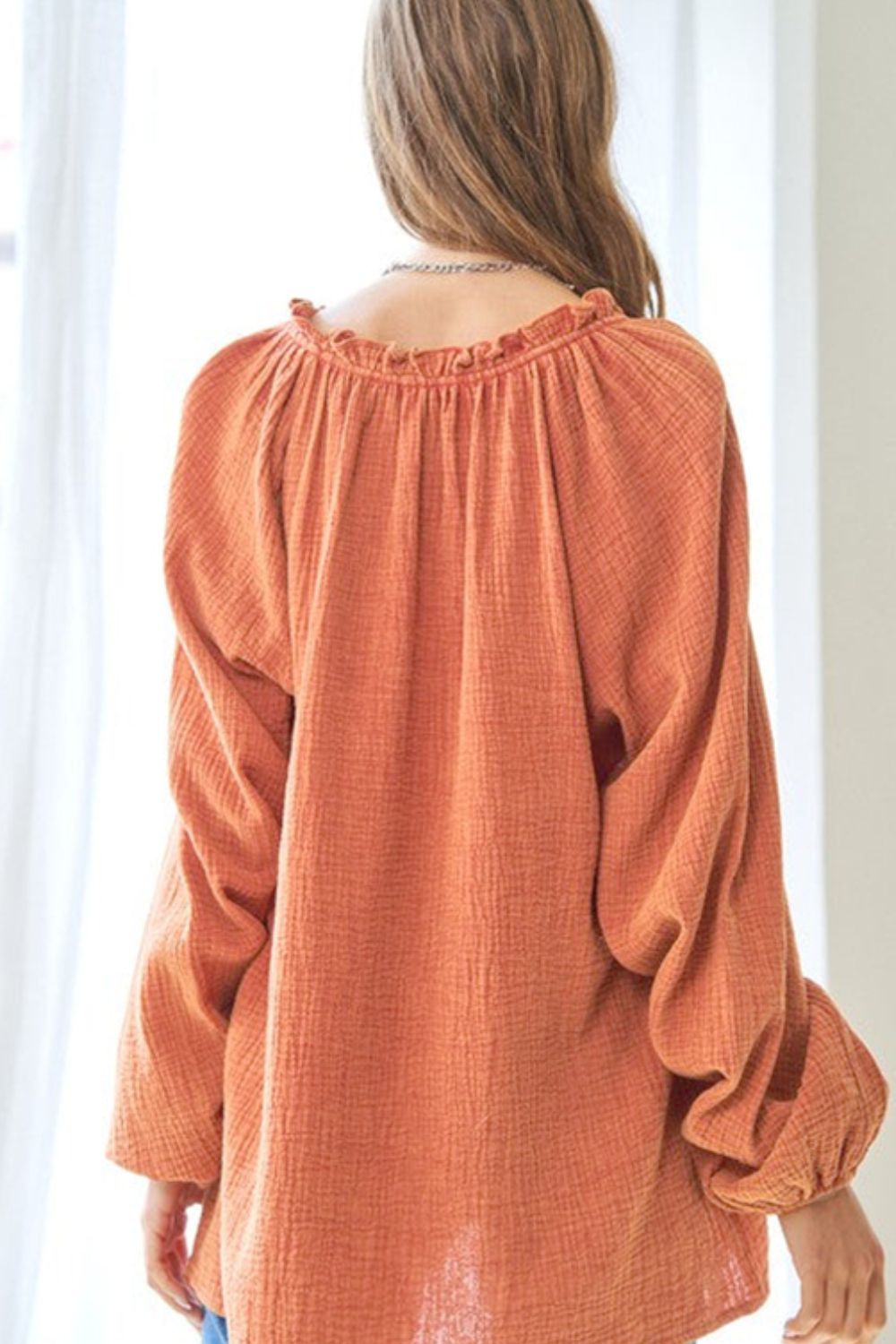 Frill V-Neck Balloon Sleeve Blouse