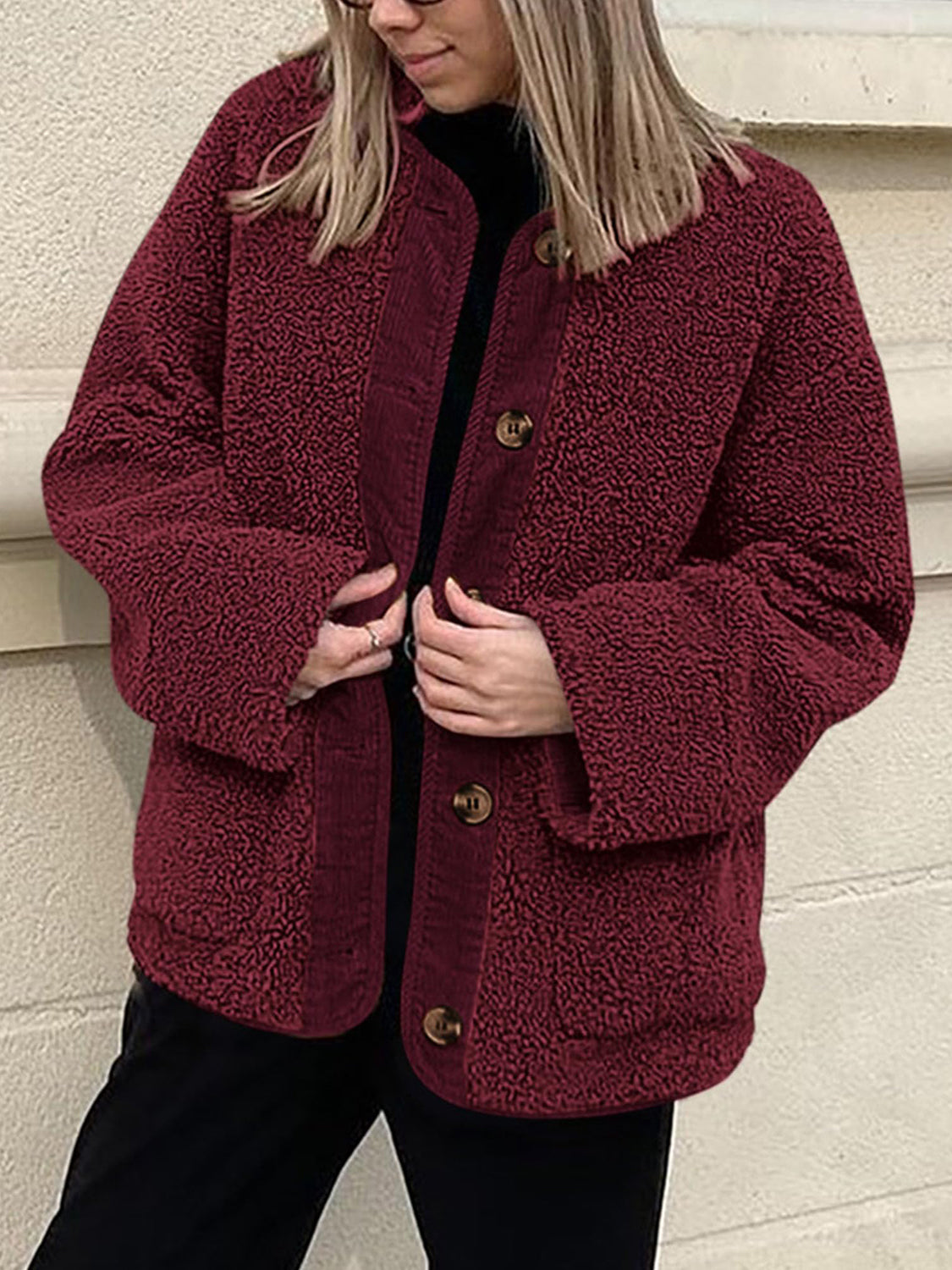 Contrast Button Up Sherpa Jacket with Pockets