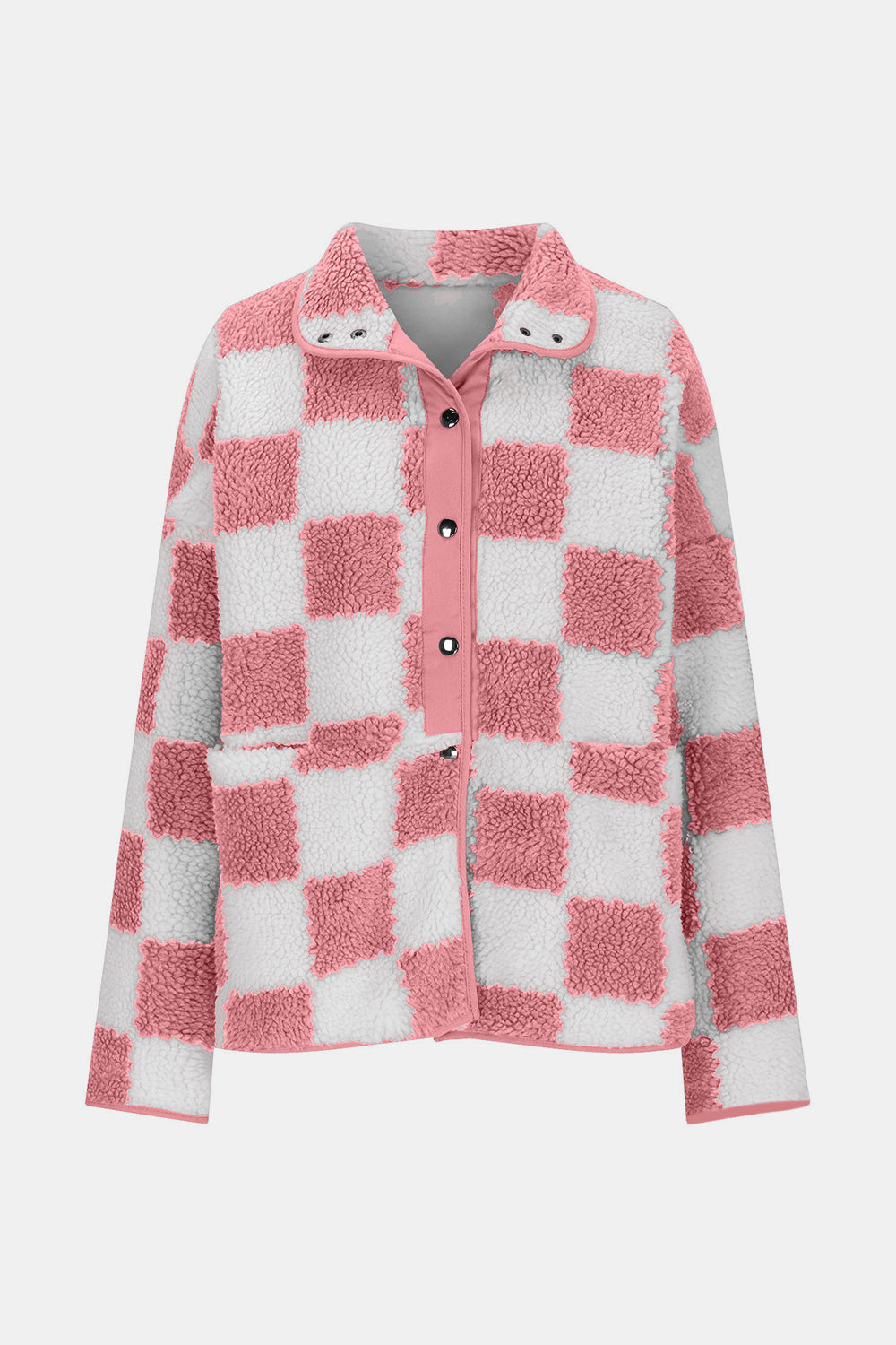 Checkered Snap Down Long Sleeve Teddy Jacket