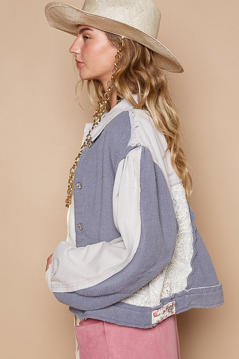 POL Crochet Patch Exposed Seam Button Up Jacket