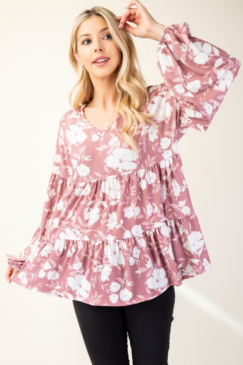 Celeste Full Size Tiered Floral V-Neck Long Sleeve Blouse