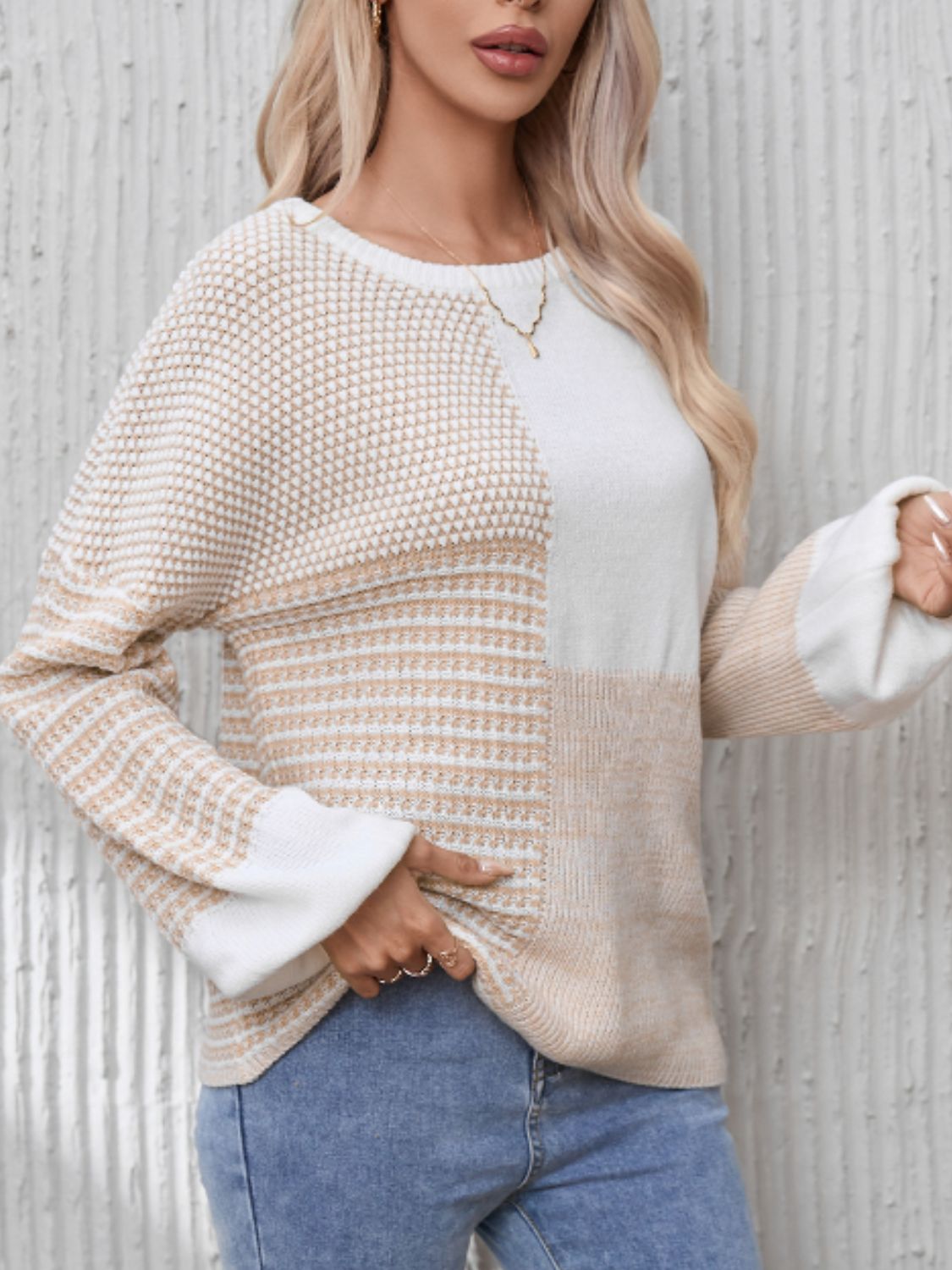 Contrast Round Neck Long Sleeve Sweater