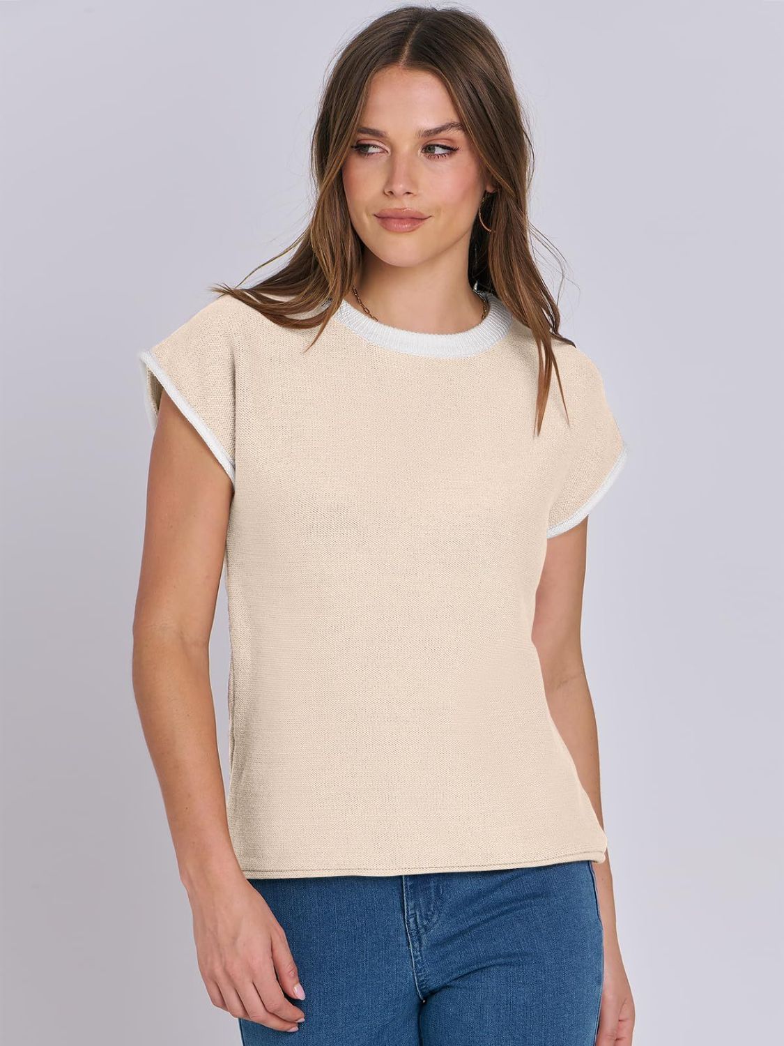 Mandy Contrast Round Neck Cap Sleeve Sweater