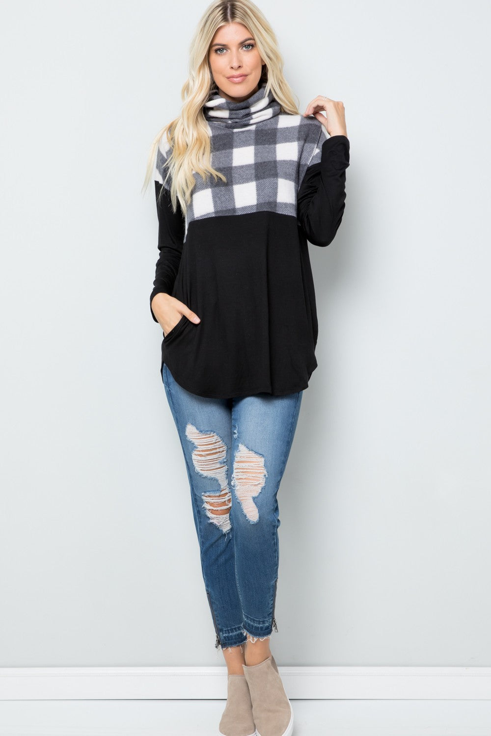 Celeste Full Size Pocketed Plaid Turtleneck Long Sleeve Blouse