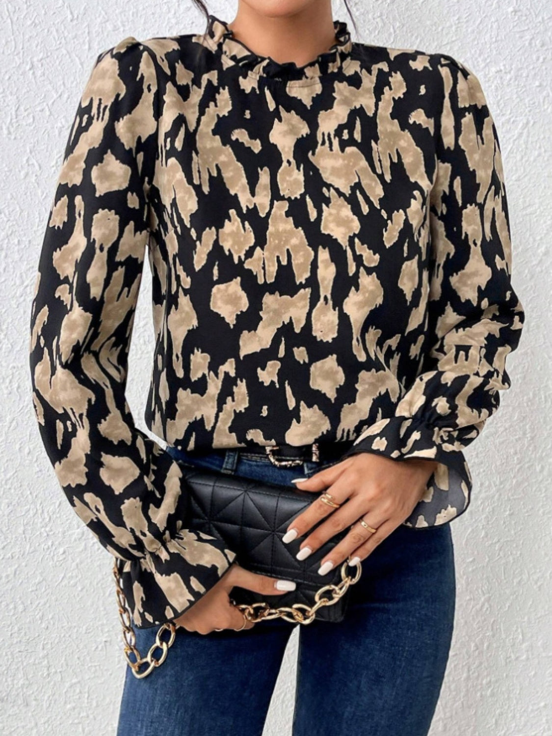 Frill Leopard Mock Neck Flounce Sleeve Blouse