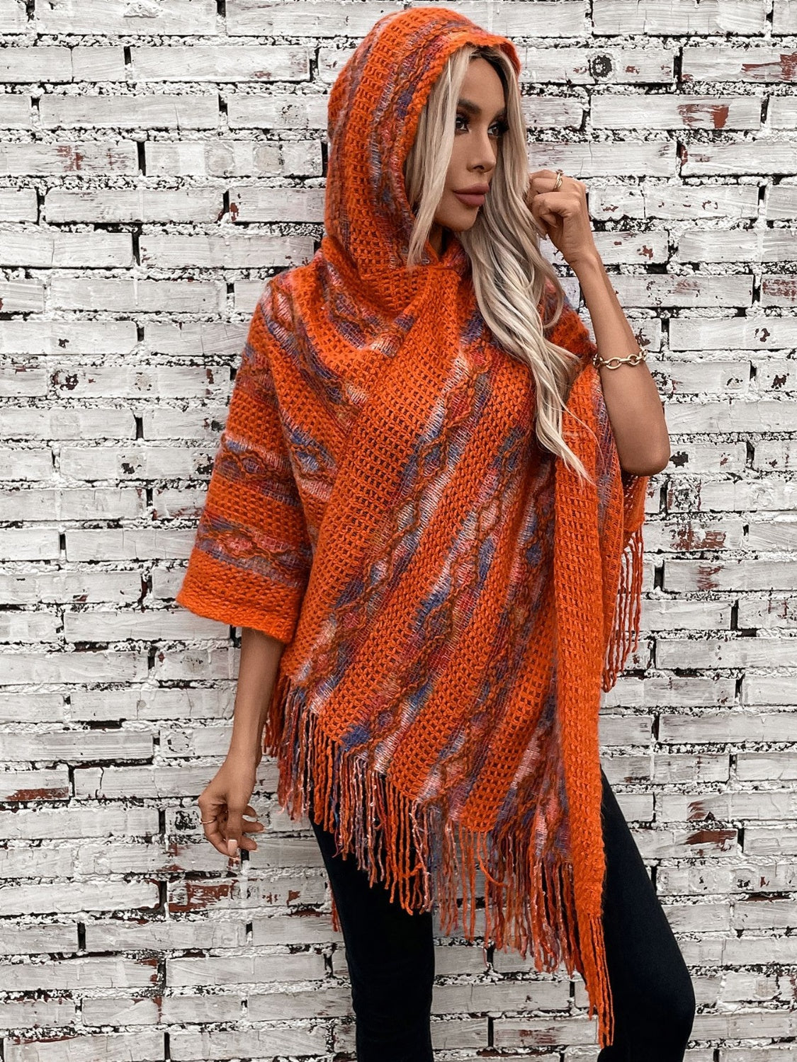 Fringe Contrast Hooded Poncho