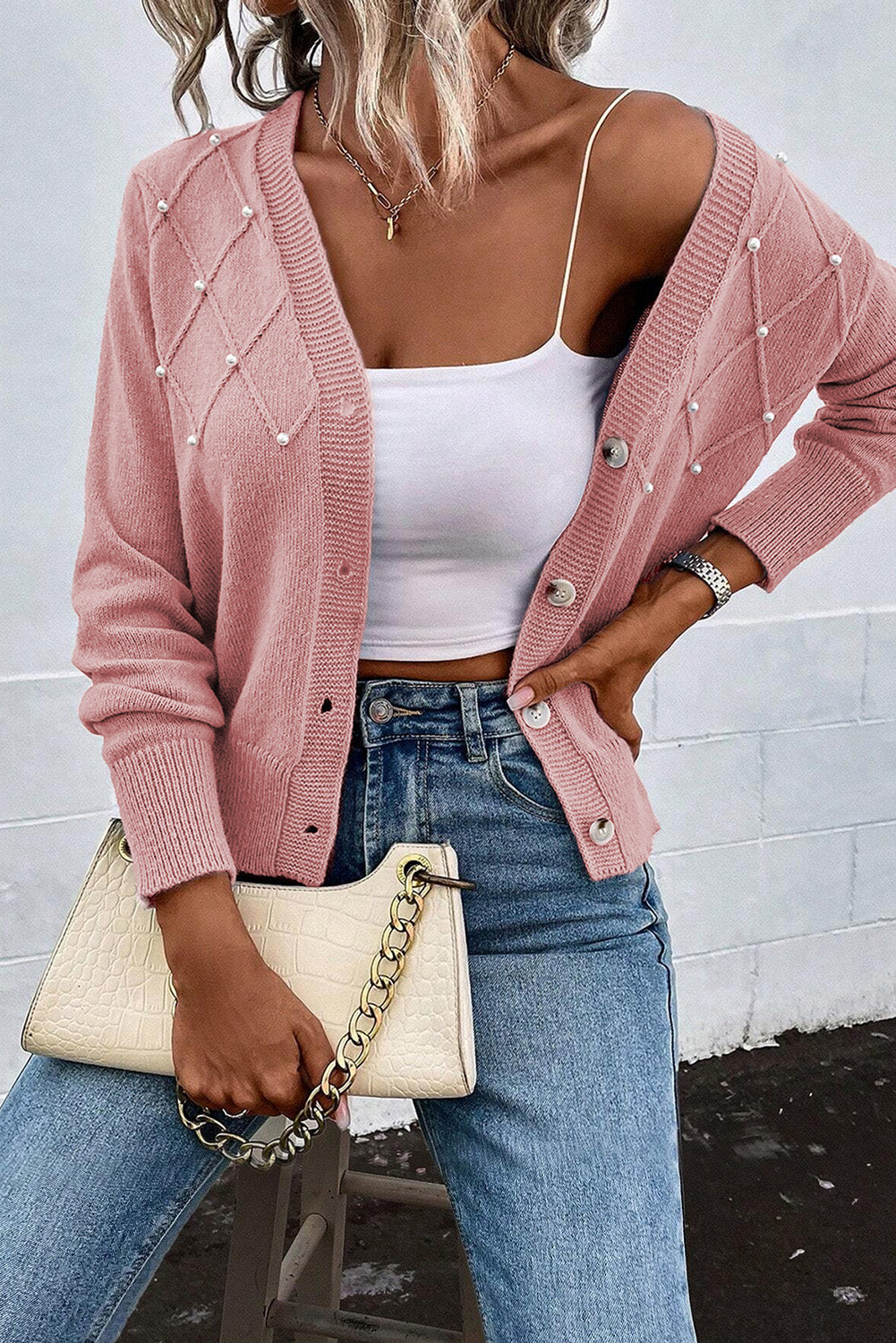 Beaded V-Neck Button Up Long Sleeve Cardigan