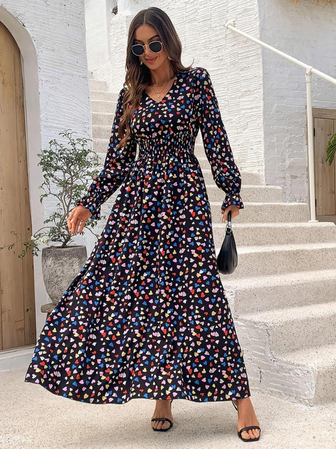 Smocked Printed V-Neck Flounce Sleeve Dress