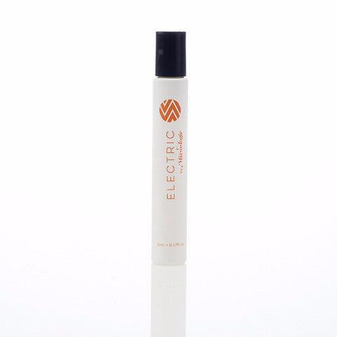 Electric (Cirtus Twist) white cylinder rollerball with orange color lettering. Rollerball has 0.17 fl oz or 5 mL. Rollerball pictured with white background.